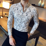 C81-P55春秋款金丝边印花精品衬衫理发师男士休闲长袖衬衫，男装衬衫，电商C309A