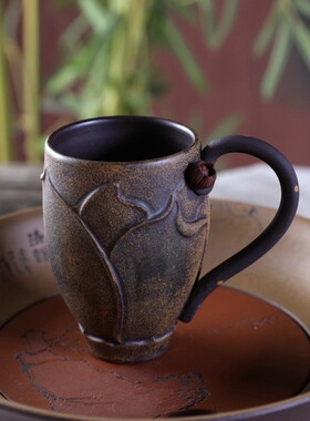 暖暖精品茶器 紫砂茶杯品茗杯客杯 功夫茶具 荷花枯叶藕带把单杯