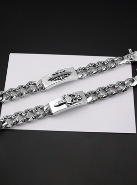 JPVIP复古十字花链身宝剑十字架泰银手链个性百搭情侣镀纯银手环