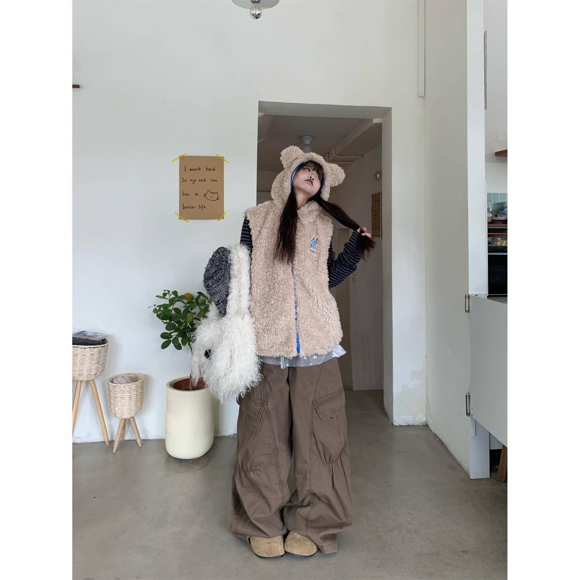 0818很秀美式覆古熊耳朵羊羔绒连帽马甲棉服外套女秋冬季毛毛棉衣