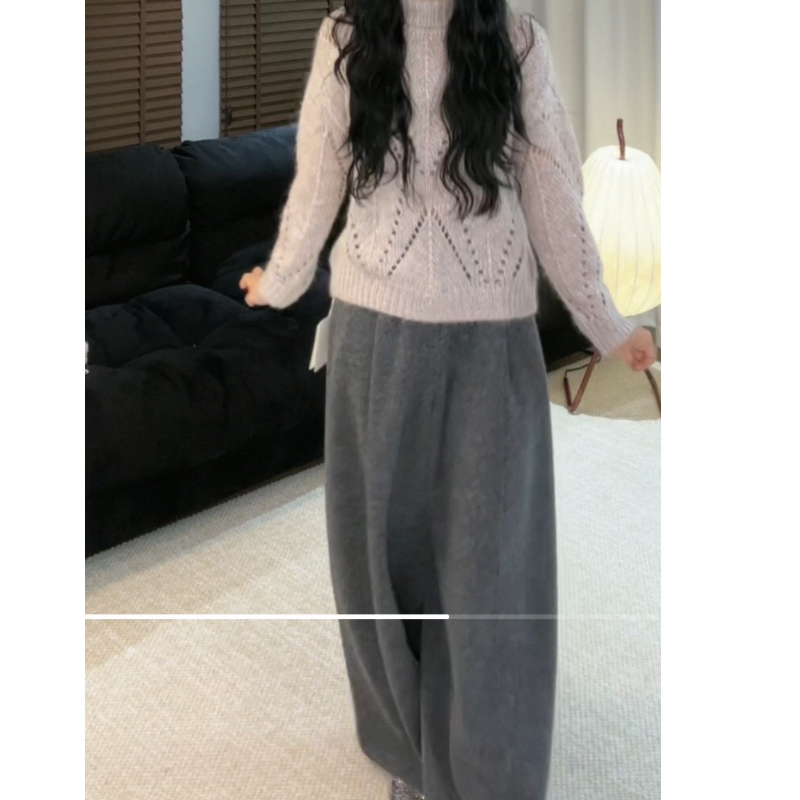 EAR RAE 貌美闪闪 羊驼羊毛银丝大菱格镂空高领长袖宽松针织毛衣