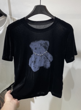 韩版卡通小熊印花短袖T恤女黑色圆领宽松百搭显瘦减龄上衣