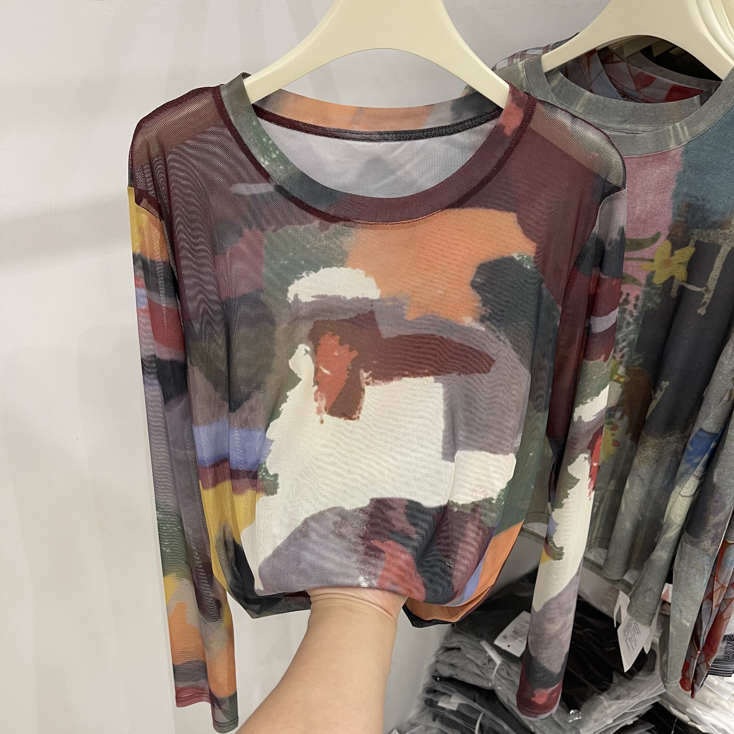 不规则晕染印花网纱长袖T恤女2026春季新款宽松打底衫轻薄款上衣