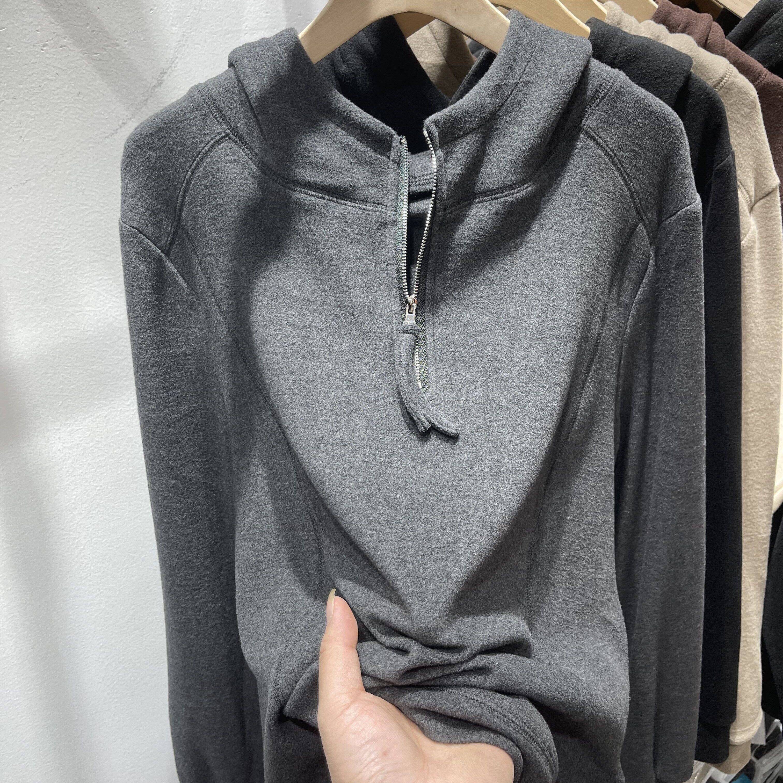 灰色连帽半拉链双面德绒加厚卫衣女2026秋冬新款宽松明线拼接上衣