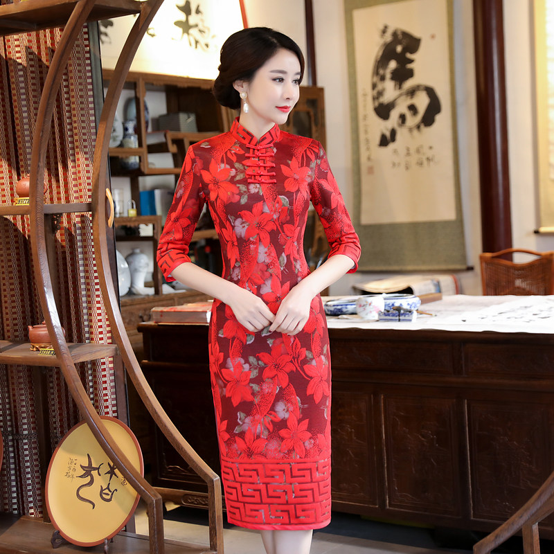 祺袍春夏季端庄大气改良版中长款过膝七分袖优雅蕾丝透气旗袍裙女