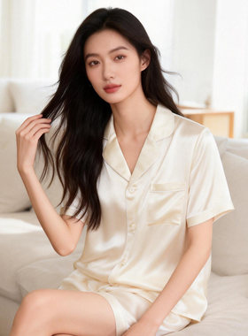 22姆米重磅桑蚕丝短袖短裤真丝睡衣套装家居服送礼自用舒适透气