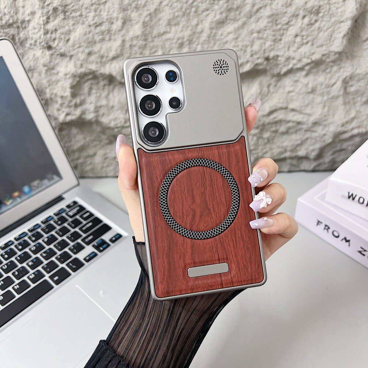 适用三星S25Ultra手机壳新款S25Ultra保护套无边框散热S24ultra金属漆木纹磁吸Galaxy S23ultra皮革胡桃木