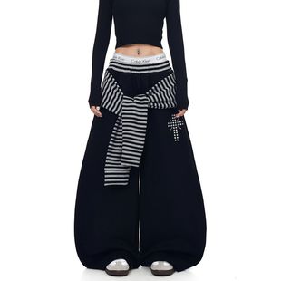 美式复古条纹绑带拼接弯刀卫裤男运动爵士舞jazz裤子休闲阔腿裤潮