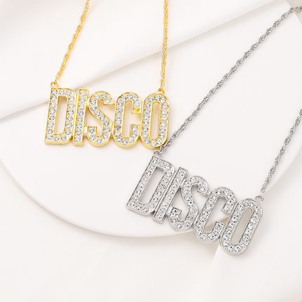 disco字母嘻哈浮夸大金项链迪斯科仿真镶钻项链银色挂链个性潮流