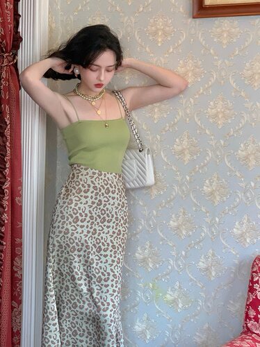 港风复古高腰豹纹半身裙女