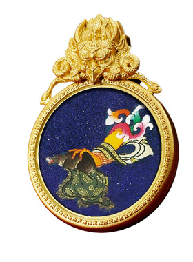 景区文创黄铜国风西藏大鹏鸟青金石岩砂唐卡画圆形嘎乌盒唐卡吊坠