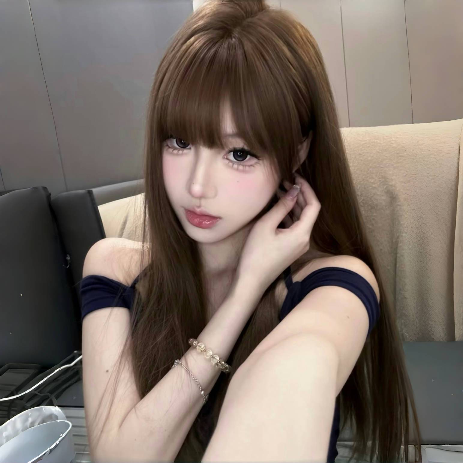 假发女长发长直发御姐空气刘海焦糖暖棕甜美自然仿真人发全头套