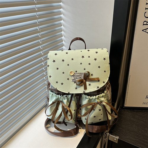 格纹甜美蝴蝶结学生书包星星背包