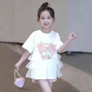 女中小童T恤上衣2026新款 韩系休闲卡通猫咪短袖 短袖 潮 洋时髦夏季