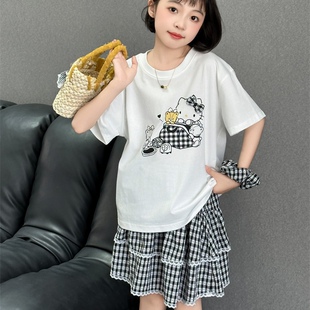 洋时髦夏季 韩系休闲格子半身裙KT猫两件套潮 2026新款 女中大童套装
