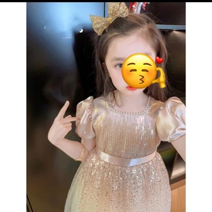 2025夏季 女童氣質(zhì)高定閃閃連衣裙香檳珍珠禮服裙女孩主持裙子 新款