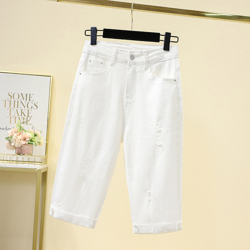 PLUS SIZE WOMENS SUMMER 2024 NEW HIGH WAIST STRETCH CROPPED PANTS FAT MM SLIM HOLE STRAIGHT DENIM SHORTS