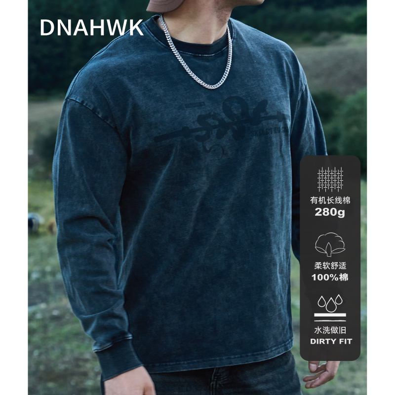 DNAHWK杠铃与蛇水洗做旧卫衣春季新款美式复古宽松休闲百搭长袖T