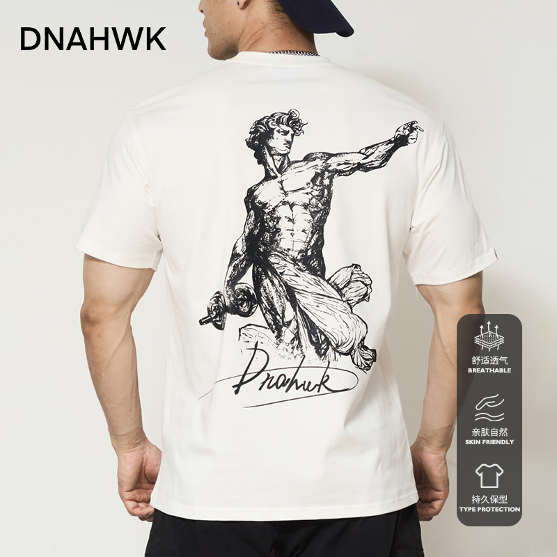 DNAHWK原创手绘磬石之躯-大卫肌肉重磅纯棉潮流宽松T恤夏高定短袖
