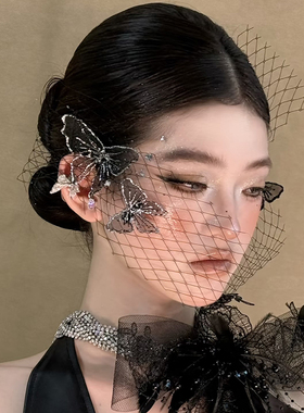 个性黑色2025新品灰色蝴蝶发夹黑色网格面纱新娘复古礼服宴会配饰