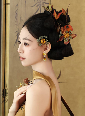 新款中式晨袍旗袍配饰小众发饰缎面汉服新款发夹古典小香风花朵