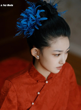 新款蓝色彼岸花发簪汉服古风簪子装饰头花新中式森系花朵侧边发饰