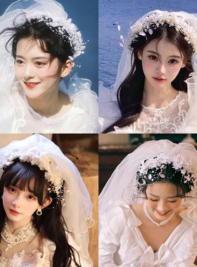 新娘头饰手工花朵发梳婚纱发饰面纱影楼旅拍外景海边摄影花环配饰