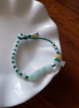 天然a货翡翠白底飘绿小花手牌算福禄葫芦莲蓬编绳好运平安手绳链