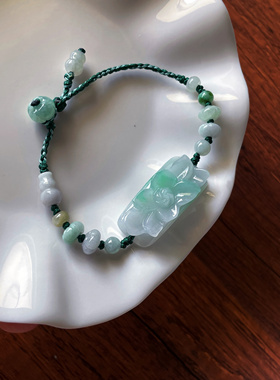 天然a货翡翠浅飘绿细腻厚立体花手牌福禄葫芦编绳好运平安手绳链
