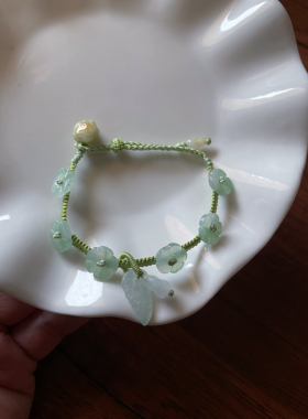 甜美清新天然翡翠玉石冰飘梅花手串叶子葫芦编绳手绳手工镯手链饰