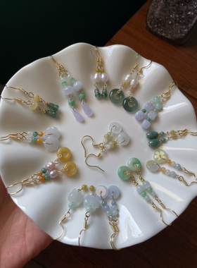 耳环集天然a货翡翠飘绿平安扣甜甜圈莲蓬白菜葫芦旗袍耳环耳钩饰