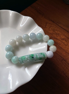 天然a货翡翠飘绿万贯回文雕刻福弯管手牌大卡圆珠转运圆珠手串链
