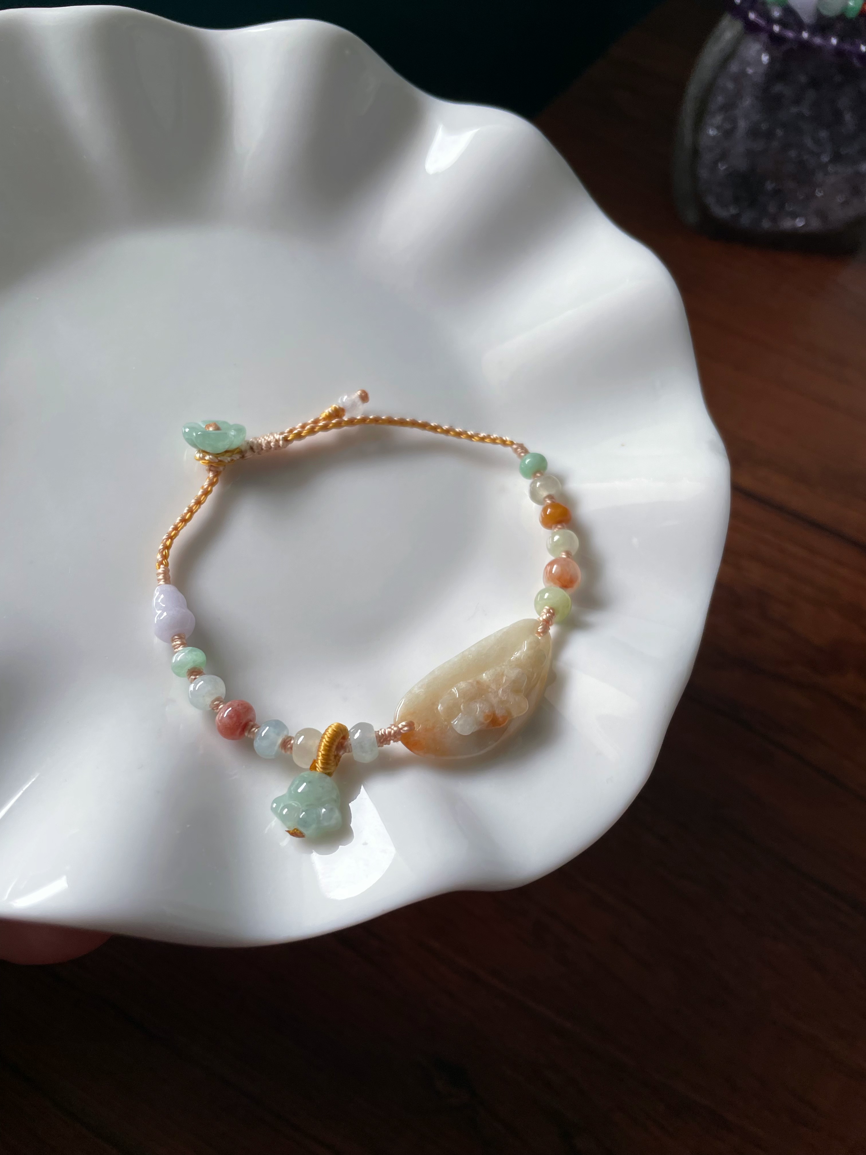 特色天然a货翡翠洒金立体小花手牌福葫芦猫爪桂花好运平安手绳链图片