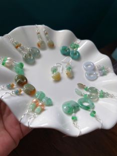 耳环集手工天然a货翡翠925银平安扣桶珠小花耳环耳饰耳钩