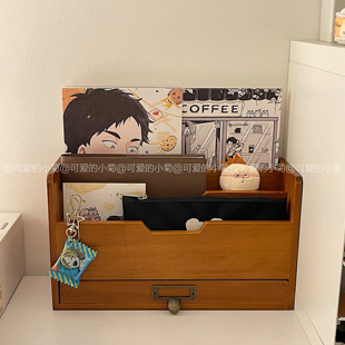 桌面文件收纳盒书本文具资料整理架日式手帐卡片抽屉实木置物架