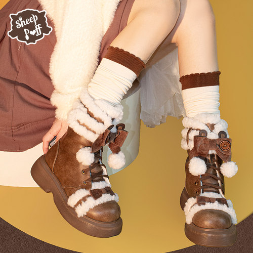 【现货】小熊靴靴 绵羊泡芙中筒靴加绒保暖厚底棉鞋雪地靴