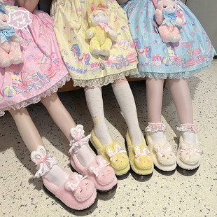 绵羊泡芙Lolita秋冬仿兔毛毛绒兔棉鞋 兔毛毛 加绒一脚蹬 现货