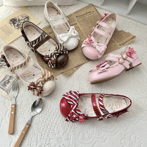 【收藏满600开定】可可午餐 绵羊泡芙Lolita低跟蝴蝶结条纹单鞋