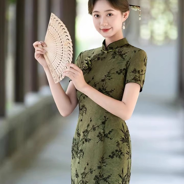 新中式旗袍高档植绒绿色改良气质