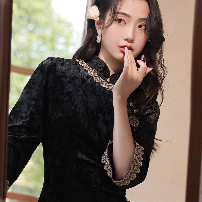 丝绒旗袍复古日常修身气质连衣裙