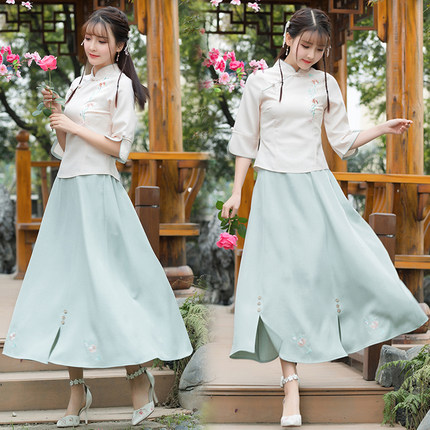春夏改良汉服女唐装复古民国风棉麻学生班服中国风古装旗袍两件套