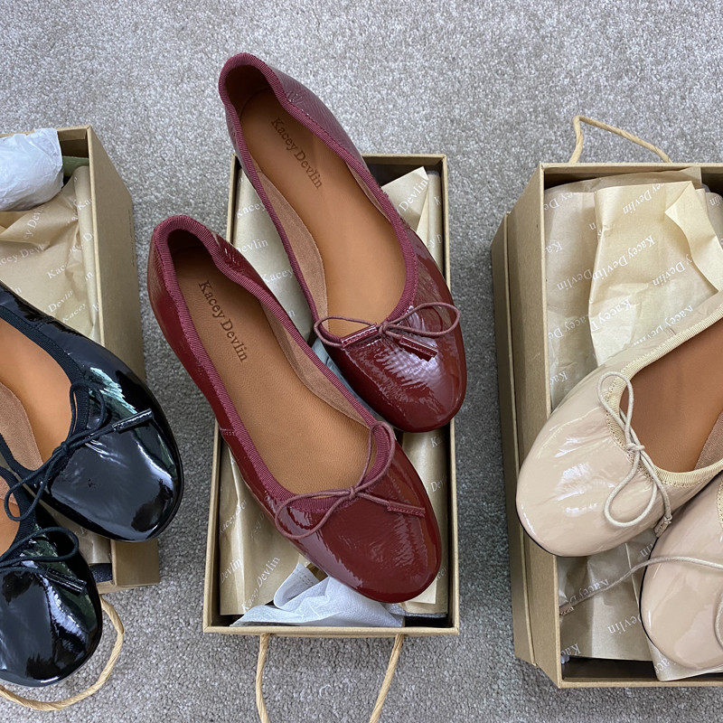 外贸原单德芙琳女鞋纯皮瓢鞋女蝴蝶结软皮漆皮舒适超软芭蕾舞鞋