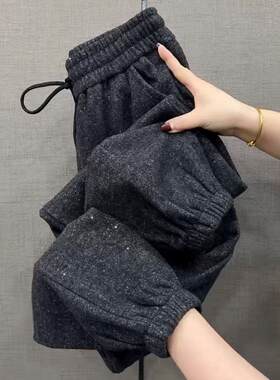 冬季毛呢加绒高腰显瘦束脚卫裤