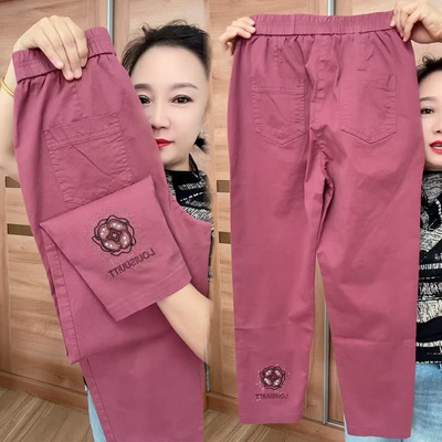 女士高腰直筒刺绣松紧小脚裤透气