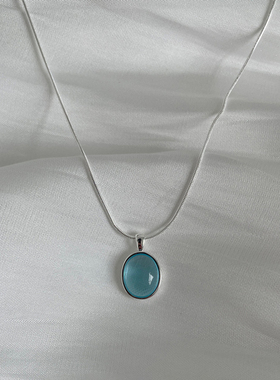 S925纯银海蓝宝椭圆吊坠项链女