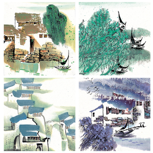 夏景水墨江南水乡渔村老屋古玩店民宿客栈挂画喷绘墙布壁画打印画