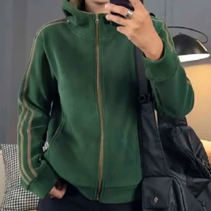 欧货时尚休闲新款外套女百搭宽松连帽拼接撞色双面奥粒绒卫衣开衫