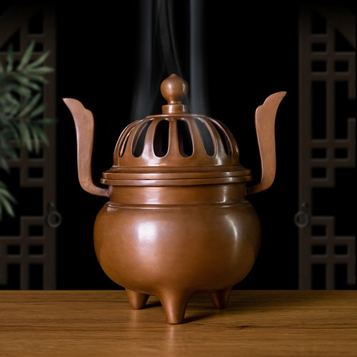 紫铜朝冠耳香道三足檀香炉