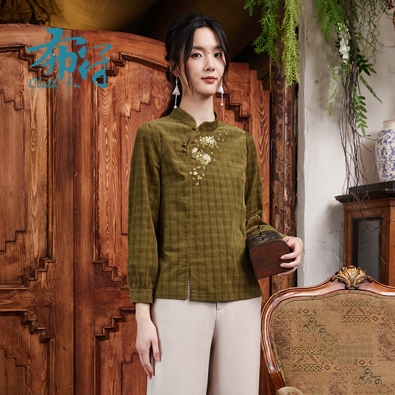 布符泡泡袖偏襟旗袍上衣改良中式国风秋季新款原创设计休闲女
