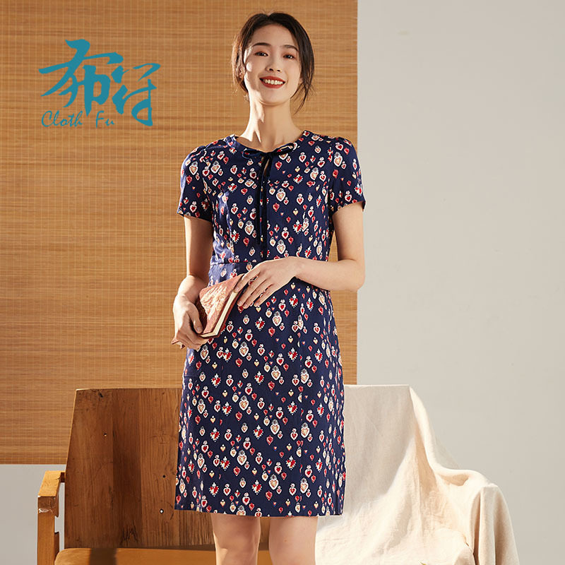 连衣裙独特优雅棉麻布符原创复古修身时尚圆领系带气质甜美清新